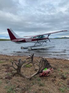 Float plane picking up a caribou on a lake.